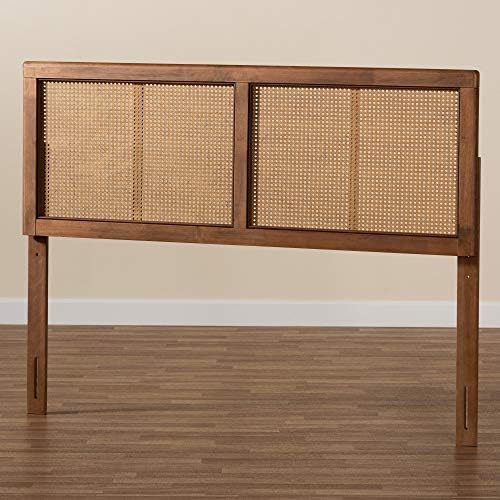 Baxton Studio Gilbert Mid-Century Modern Ash Walnut Finished Wood and Synthetic Rattan Full Size Headboard
