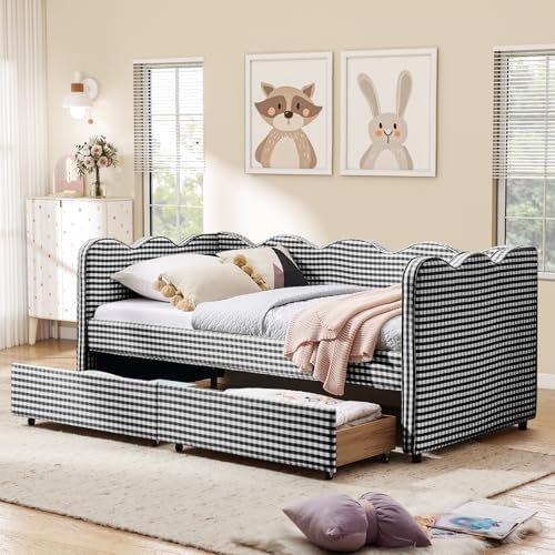 Twin Size Daybed with Storage Drawers, Linen Gingham Daybed with USB Ports & Wave Shaped, Upholstered Day Bed Frame, Modern Sofa Bed for Living Room/Bedroom/Guest Room, No Box Spring Needed, Black
