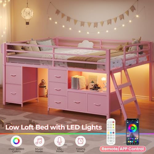 ADORNEVE Kids Low Loft Bed Full with 7 Drawers, Bookcase, Safety Guardrail