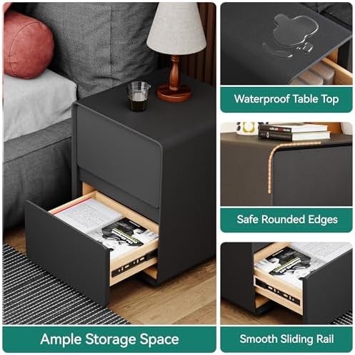 15.8" W Faux Leather Narrow Nightstand, Modern Fully-Assembled Bedside Table with 2 Drawers, Wood Night Stand Small Accent End Table & Side Table for Bedroom, Black