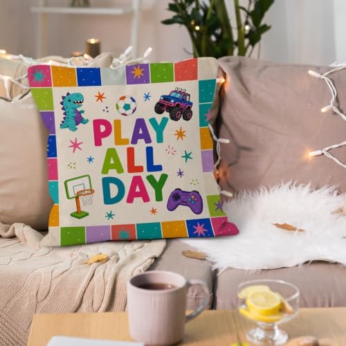 Colorful Dinosaur Truck Sports Boy Nursery Throw Pillow Cover 18x18