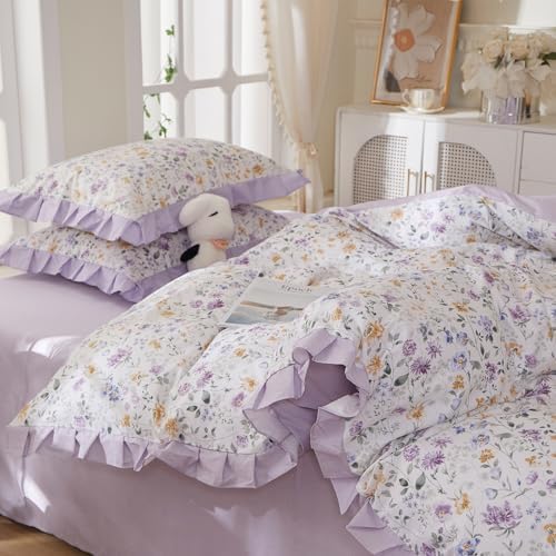 Purple Flower Duvet Cover Set Twin Size, Soft 100% Cotton Romantic Ruffle Lace Bedding Set, Vintage Aesthetic Floral Comforter Cover, Cottagecore Flower Botanical Duvet Cover with Zipper Closure