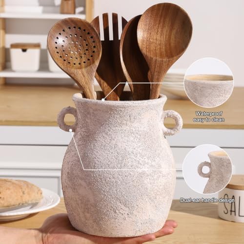 Ceramic Farmhouse Kitchen Utensil Holder for Countertop, Rustic Cooking Utensil Holder Crock Fit for Kitchen Counter.