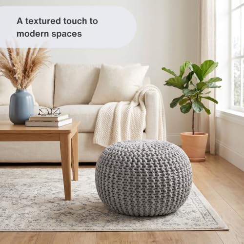 · REDEARTH · Round Pouf Ottoman - Hand Knitted Boho Poof Footrest - Gray