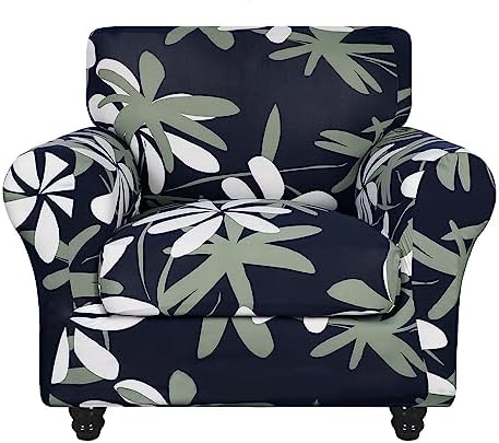 SearchI Stretch Sofa Cover Printed Couch Covers, Floral Pattern 2 Piece Armchair Slipcover with Separate Chair Cushion Cover, Washable Furniture Protector for Living Room(Chair, Navy Blue)