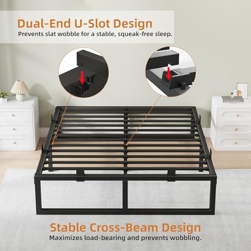 18 Inch Metal Queen Bed Frame with Steel Support, Noise-Free