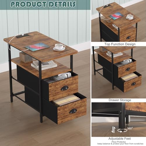 sthmec End Table with Charging Station, Narrow Side Table with 2 Drawers, Nightstands with Drawers, USB Ports & Power Oulets,Slim Sofa Side Tables for Small Spaces,Living Room,Bedroom,Rustic Brown