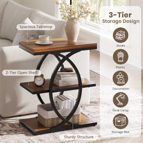 Vabches Narrow Side Table with Storage Shelf,3-Tier End Table with Artistic Curved Metal Frame,Industrial Bedside Tables for Small Space,Living Room,Bedroom,Home Decor,Walnut