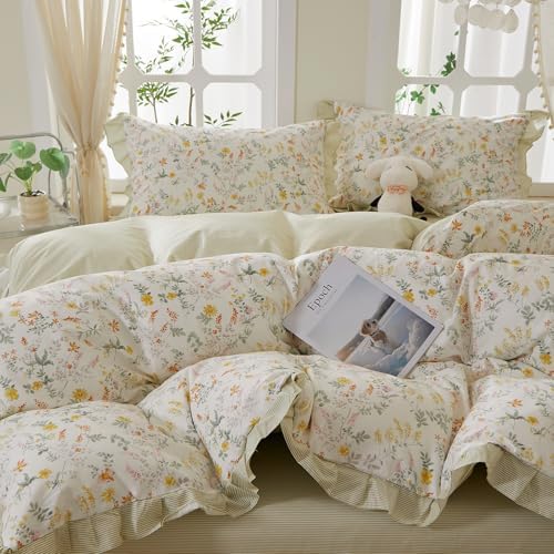Vintage Floral Duvet Cover Set King Size - 3 Piece Ruffle Lace Bedding Set, 100% Cotton Aesthetic Coquette Duvet Cover, Botanical Flower Cottagecore Comforter Cover Green Striped Bedding Set King