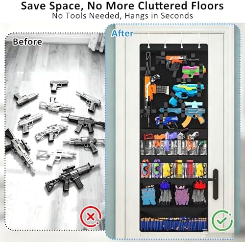Over the Door Organizer for Toy Guns, Hanging Storage with Pockets and Adjustable Straps for Foam Blasters, Darts, Goggles & Accessories, Door Mount Organizer for Playrooms and Game Rooms