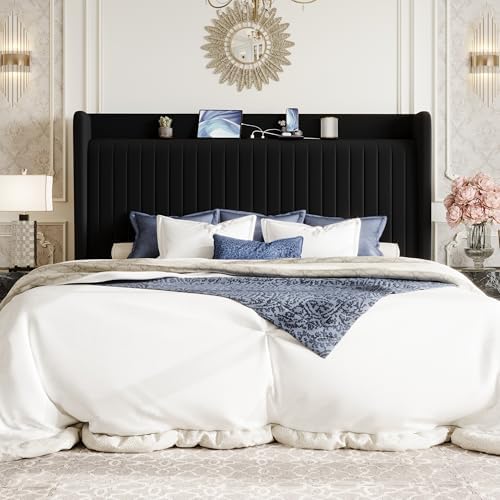SHA CERLIN King Size Velvet Bed Frame with Shelf, Charging Station, Black