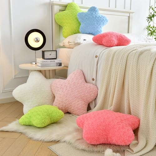 Star Pillow, 19.7" Star Shaped Plush Pillow for Couch Bed Sofa, Cute Decorative Throw Pillows with Soft Faux Fur Room Decor for Bedroom Living Room (White)