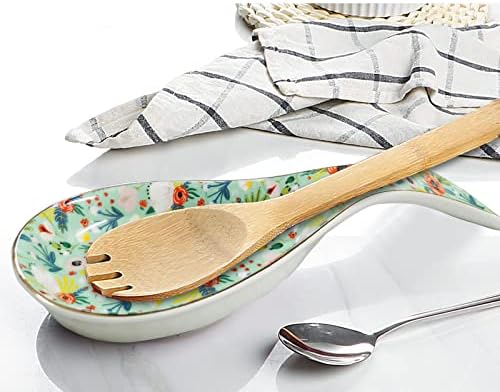 Ceramic Spoon Rest for Stove Top Kitchen Counter Large Spoon Holder Farmhouse Floral Flowers Print Coffee Spoon Cooking Utensil Tools Rest Modern Kitchen Decor