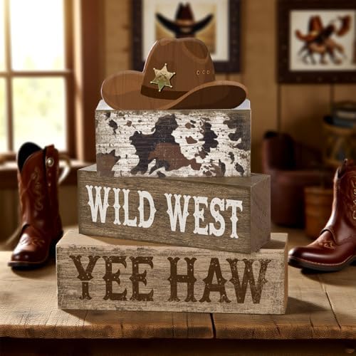 Yuntau 4 Pcs Western Cowboy Table Decor Wooden Block Signs Cowboy Hat Set