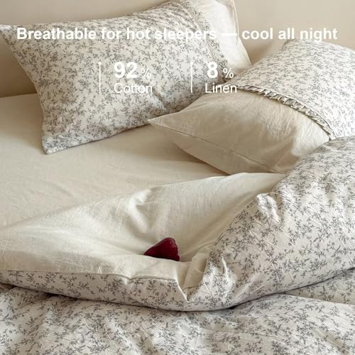 Floral Full Size Duvet Cover with 2 Pillowcases,80"×90",Cotton Linen
