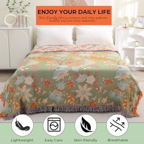 Floral Rustic Large Boho Throw Blanket 90"x98" Orange&Sage Green