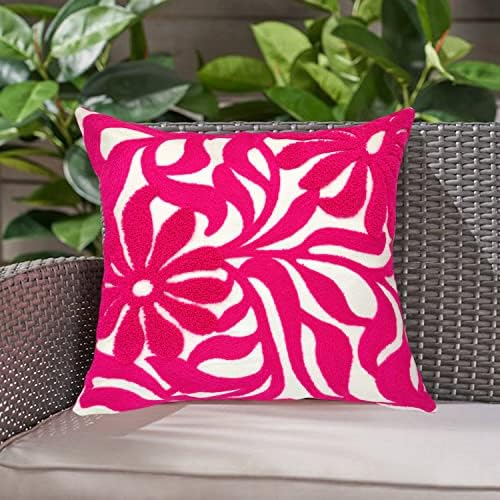 Alysheer Farmhouse Floral Leaves Embroidered Decorative Throw Pillow Cover 18x18 inches, Boho Tufted Flowers Embroidery Pattern Chic Cotton Cushion Case for Couch Bed Sofa Living Room(Bright Hot Pink)