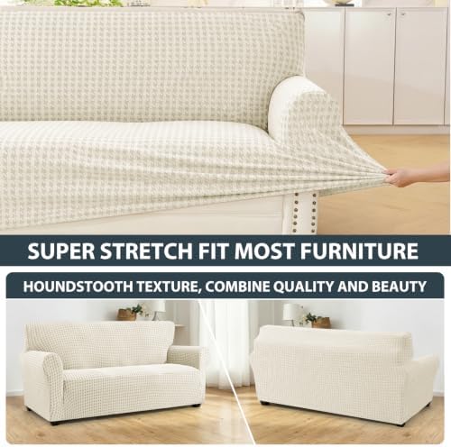ZNSAYOTX 1 Piece Stretch Couch Cover (72"-90") New-Houndstooth Texture, Thick Sofa Covers for 3 Cushion Couch Universal Sofa Slip Cover with Elastic Bottom & Buckle, Washable Protector Beige