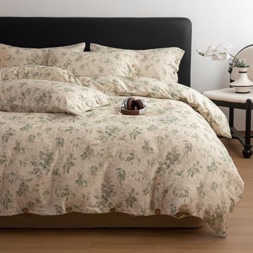HighBuy Farmhouse Linen Duvet Cover Full Size,Green Leaves Pattern Design Durable Cotton Linen Textured Duvet Cover Set Coquette Soft Comforter Cover Set,3 Pieces Cottagecore Bedding Set