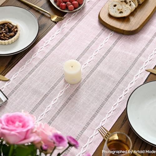 Artoid Mode Pink Rustic Cotton Linen Table Runner 13x108 Inch
