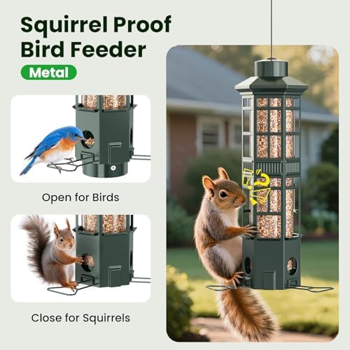 Squirrel Proof Bird Feeder, Chew-Resistant Metal Hanging Bird Feeder for Outdoors Gravity Spring Mechanism, 3 Feeding Ports, 3LB Large Capacity, Weatherproof Design for Wild Birds, Green