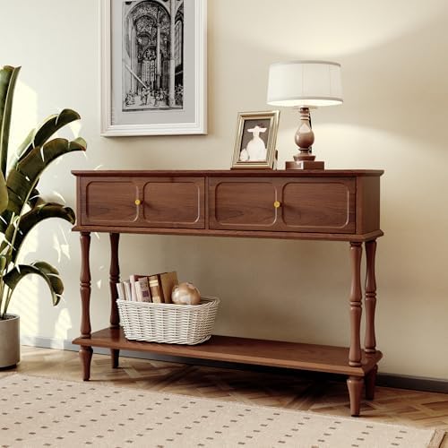 ARTPOWER 47" Mid-Century Console Table, 2 Drawers and Open Shelf, Brown