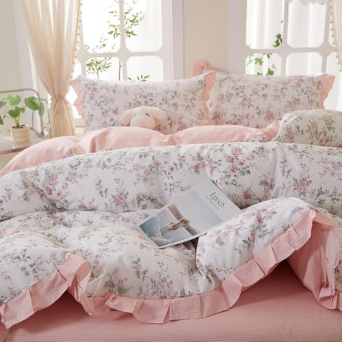 Pink Floral Duvet Cover Set Full Size - 100% Cotton Romantic Ruffle Lace Bedding Set, Cute Aesthetic Princess Bedding Reversible Pink Striped, Cottagecore Botanical Flower Duvet Cover for Girls Women