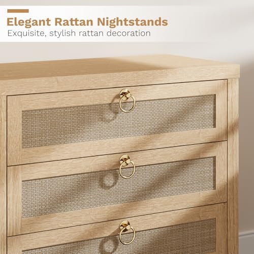 Eclatara Large Rattan Night Stand Set of 2 Boho Nightstand with 3 Drawers