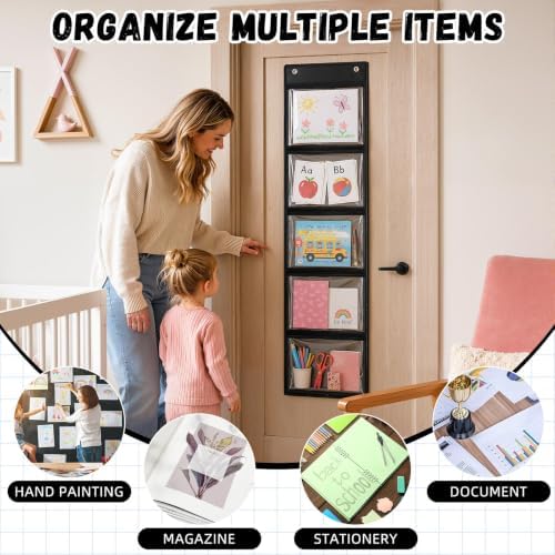 Watersay 2 Pcs Storage Pocket Chart for Classroom, 5 Pockets, Black