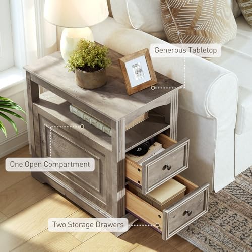 RALGEND Farmhouse End Table with 2 Drawers Set of 2, Greige