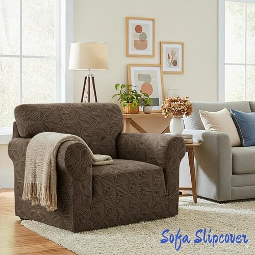 YEMYHOM 1 Piece Stretch Chair Sofa Slipcovers Couch Covers for 1 Seat, Jacquard Armchair Covers with Non-Slip Elastic Bottom, Thickened Furniture Protector for Dogs Pets kids (Small, Brown）