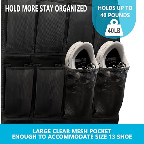 Over The Door Shoe Organizer with 24 Large Breathable Mesh Pockets Sturdy Closet Door Shoe Storage Holder Hanging SimpleHouseware Men Women Kids Shoe Holder for Rack (Black)