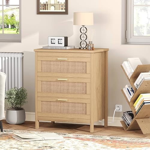 Keehusux Rattan Nightstand with Charging Station and 3 Drawers, Natural