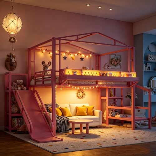Bellemave Full Size Metal House Loft Bed with Slide and Stairs,Heavy Duty Playhouse Loft Bed Frame with Shelves,LED Lights and Charging Station for Kids,Teens,Adults,Pink