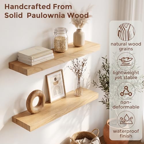 fuqing Natural Wood Floating Shelves, 24'' Wood Shelves for Wall Set of 2