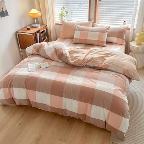 Pink Buffalo Plaid Duvet Cover Set TwinXL Size 100% Washed Cotton Zipper Bedding Set 3 Piece, Soft Breathable Checkered Comforter Cover and 2 Pillowcases, Vintage Farmhouse Kids Bedding Duvet Cover