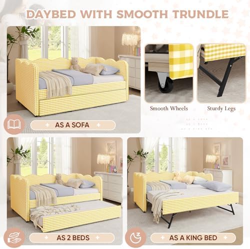 Twin Size Daybed with Pop Up Trundle, Linen Gingham Twin to King Daybed with USB Ports, Upholstered Day Bed Frame, Modern Sofa Bed for Living Room/Bedroom/Guest Room, No Box Spring Needed, Yellow