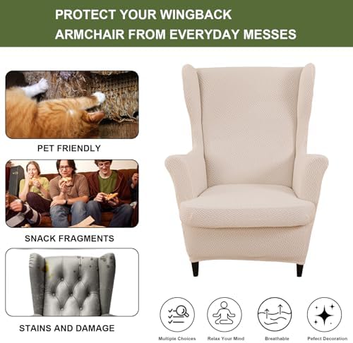HAOYONG Jacquard Wingback Chair Cover Thickening Armchair Covers 2 Pieces Wingback Chair Slipcover Stretch Chair Slipcovers Removable Non-Slip Armchair Protector Cover with Elastic Bottom