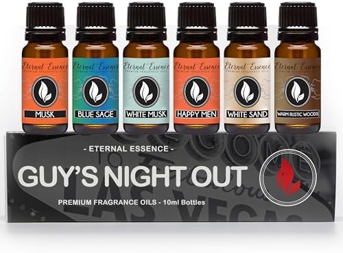 Eternal Essence Oils Guy's Night Out Set of 6 Premium Fragrance Oils - Includes Including Happy Men, Blue Sage, White Sand, Warm Rustic Woods, Musk, and White Musk Scented Oils - 10ML