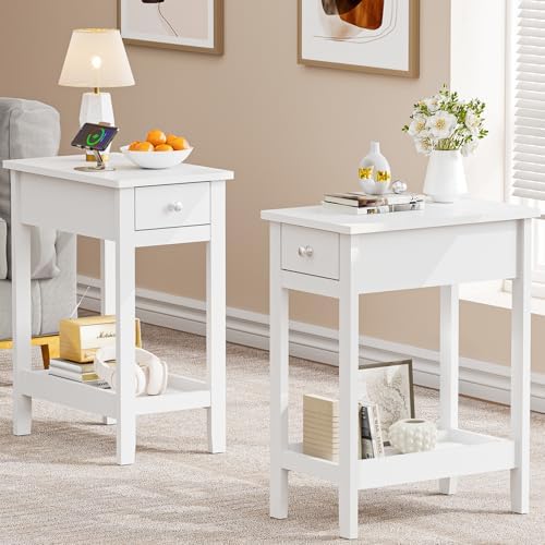 SEJOV Narrow Side Table, Small White End Table with Drawer & Storage Shelve