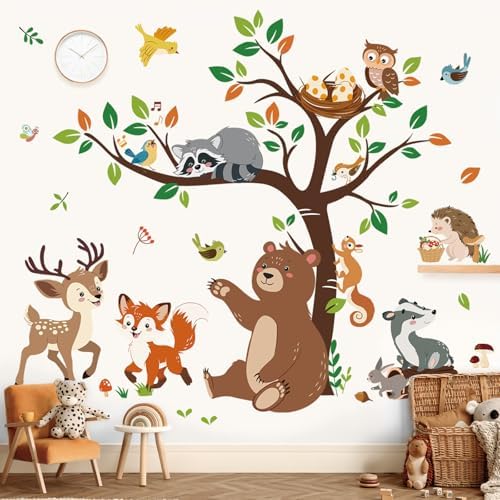 decalmile Woodland Animal Forest Tree Bear Deer Fox Wall Decals Stickers