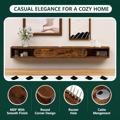 GHC Floating TV Stand, 70'' Wall Mounted TV Cabinet, Floating Shelves with Door, Media Console for DVD Player, Space-Saving Under TV Shelf for Bedroom & Living Room (Rustic Brown)