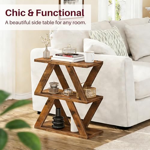 Set of 2 Side Table, 3 Tier Side Table with Side Guard Rails & Anti-Slip Pads, Narrow End Table for Small Spaces, Slim Nightstand with Storage Shelves for Bedroom, Living Room, Rustic Brown