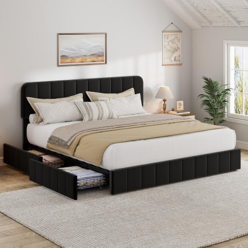 Garvee King Size Velvet Bed Frame with 4 Drawers, Adjustable Headboard