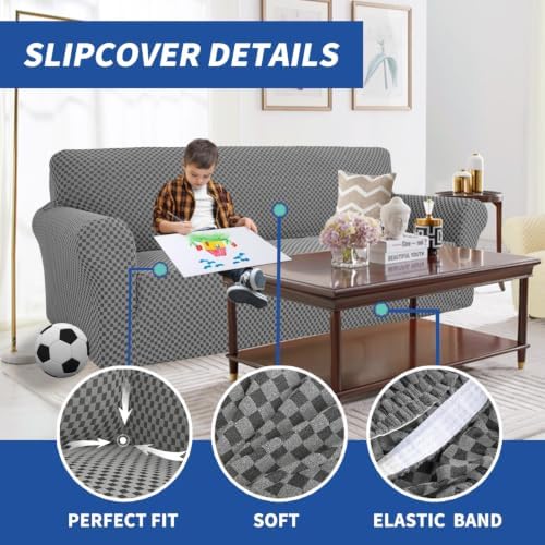 YEMYHOM Couch Cover Latest Jacquard Design High Stretch Sofa Covers for 3 Cushion Couch, Pet Dog Cat Proof Slipcover Non Slip Magic Elastic Furniture Protector (Large, Dark Gray Checkered)