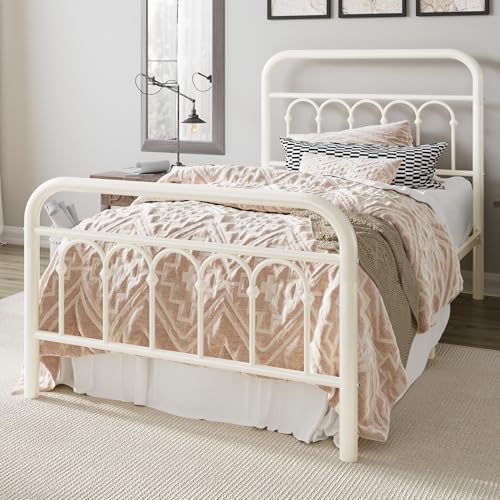 Allewie Twin Size Metal Platform Bed Frame with Headboard, Cream