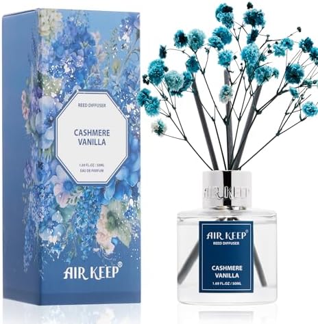 Airkeep Reed Diffuser Set,1.69 fl oz (50 ml) - Cashmere Vanilla Oil Diffusers with 8 Reed Sticks,Home Fragrance Reed Diffuser for Bathroom Shelf Decor