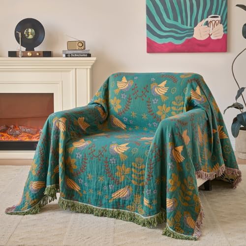 Boho Throw Blanket, 100% Soft Cotton Floral Quilt, King 90"x 98"