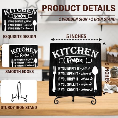 DETIHO Farmhouse Kitchen Decor, Rustic Kitchen Rules Sign Counter Decor