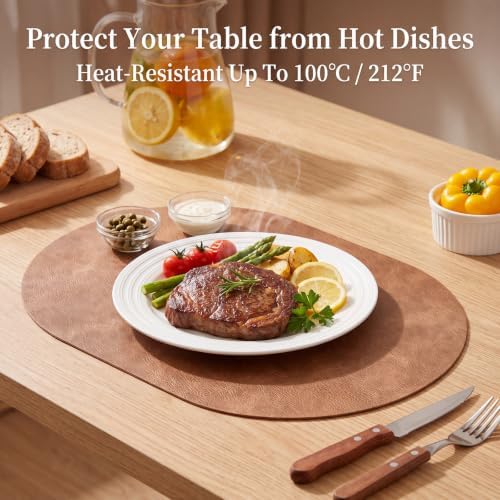Oval Placemats Set of 4, Wipeable Faux Leather, Light Brown